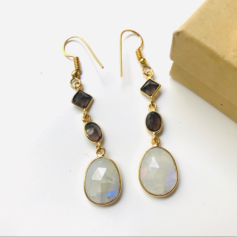 Rainbow Moonstone & Smokey Quartz Gold Earrings